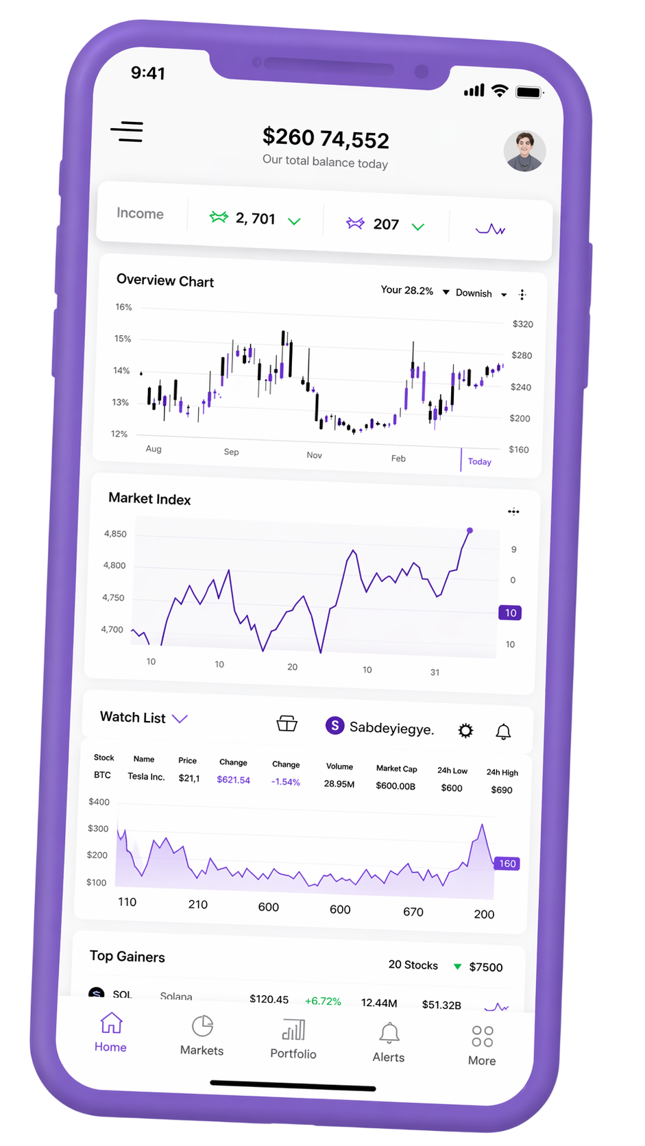 Mobile app portfolio tracking screen